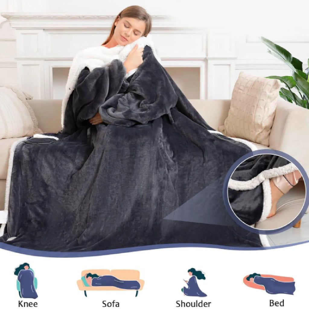 Heated Blanket with Sleeves Hood and Foot Pocket Flannel 10 Heating Levels Electric Wearable Blanket with 3 Time Settings for Fa