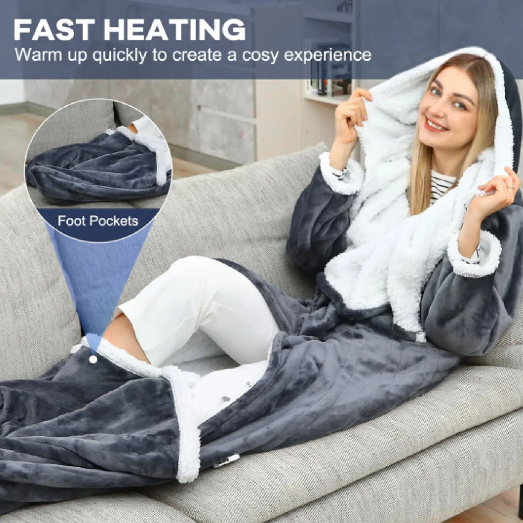 Heated Blanket with Sleeves Hood and Foot Pocket Flannel 10 Heating Levels Electric Wearable Blanket with 3 Time Settings for Fa